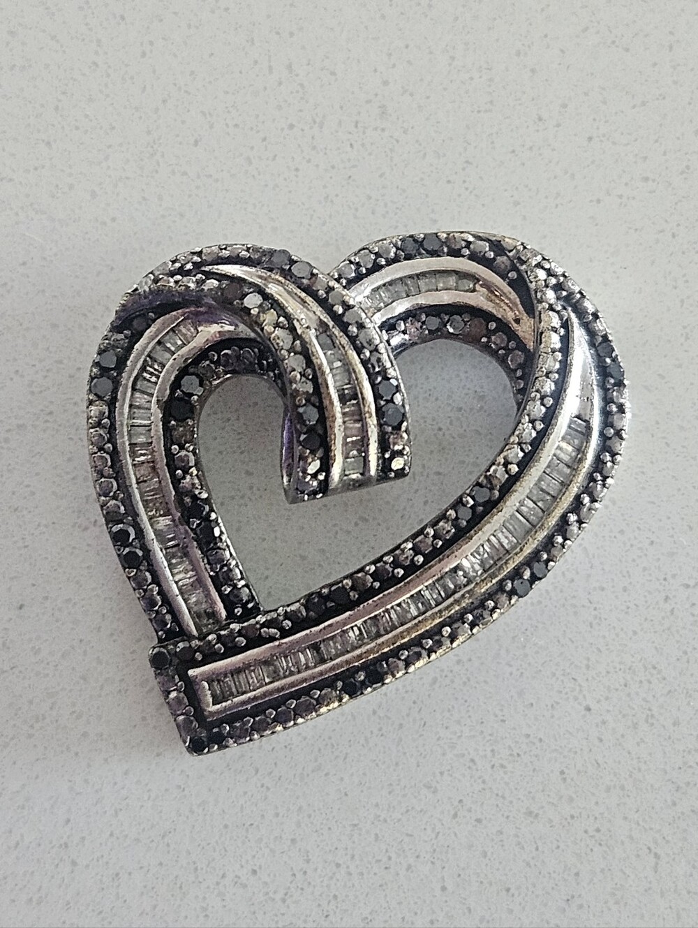 Vintage Sterling Silver 1ctw Natural White & Black Diamond Heart Pendant Large